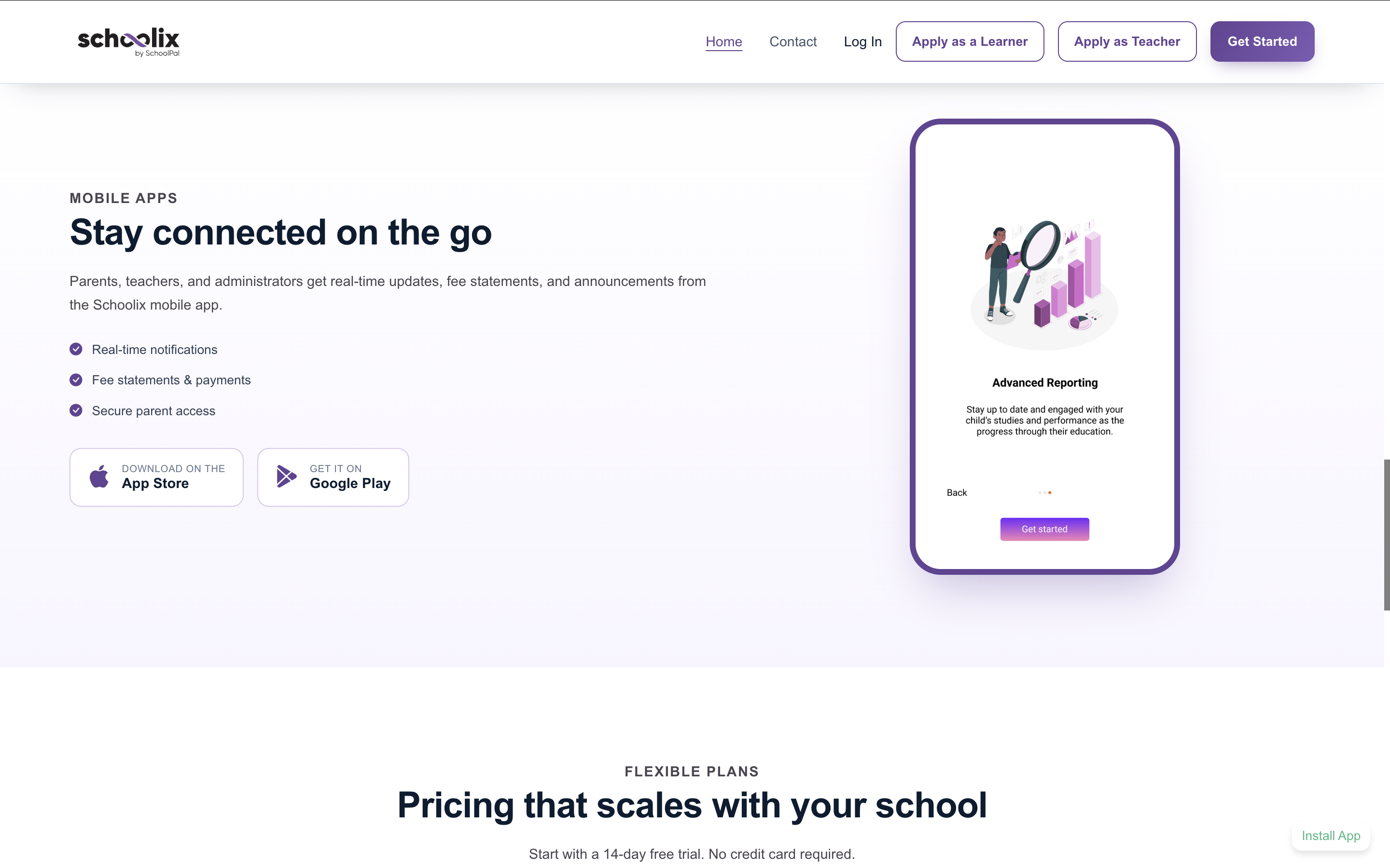 Schoolix mobile app section